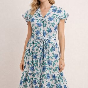 Calypso St. Barth Blue & Green Floral Tiered Dress Sz 8 Belted Boho Cottagecore